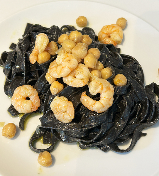 Squid Ink Tagliatelle with Prawns and Chickpeas
