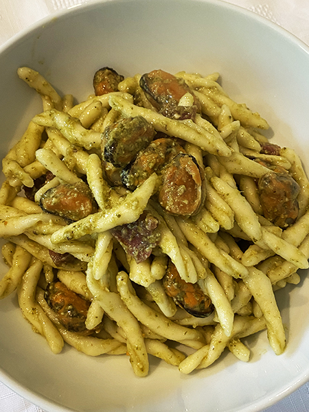 Strozzapreti with Salami, Mussels and Pesto